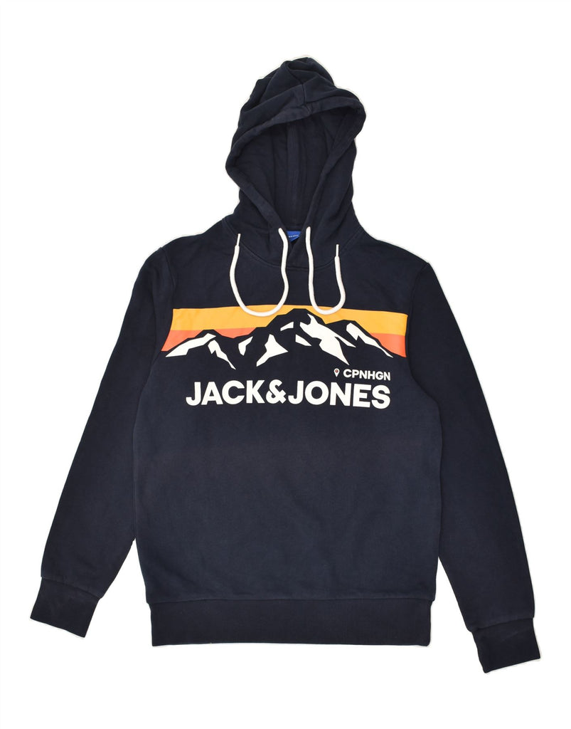 JACK & JONES Mens Graphic Hoodie Jumper Medium Navy Blue Cotton | Vintage Jack & Jones | Thrift | Second-Hand Jack & Jones | Used Clothing | Messina Hembry 