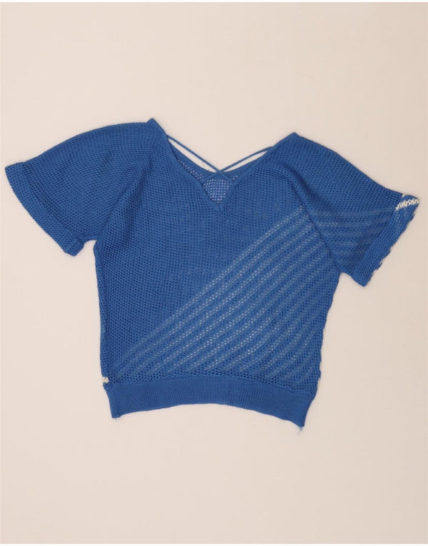 VINTAGE Womens See Through Boat Neck Jumper Sweater UK 14 Large Blue