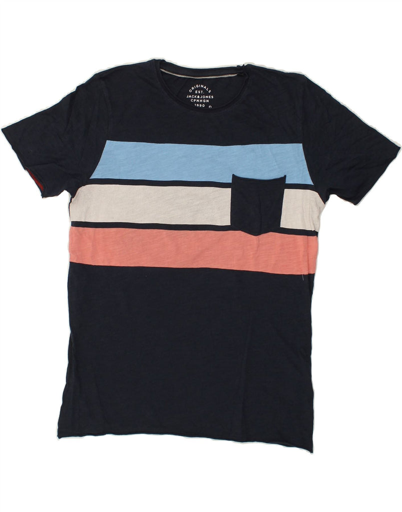 JACK & JONES Mens Graphic T-Shirt Top Small Navy Blue Colourblock Cotton | Vintage Jack & Jones | Thrift | Second-Hand Jack & Jones | Used Clothing | Messina Hembry 