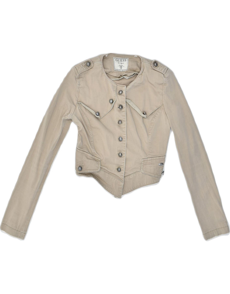 GUESS Womens Crop Denim Jacket UK10 Small Beige Cotton | Vintage | Thrift | Second-Hand | Used Clothing | Messina Hembry 