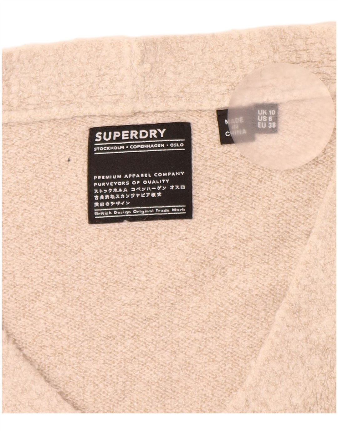 SUPERDRY Womens Oversized V-Neck Jumper Sweater UK 10 Small  Beige Acrylic