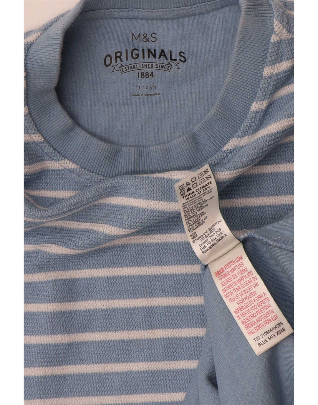 Marks & Spencer Boys Top Long Sleeve 11-12 Years Blue Striped Cotton