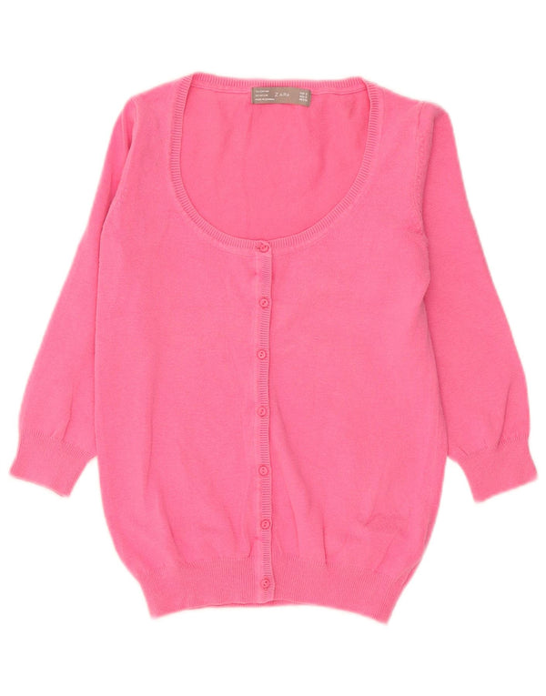 Zara Womens 3/4 Sleeve Cardigan Sweater UK 10 Small Pink Cotton