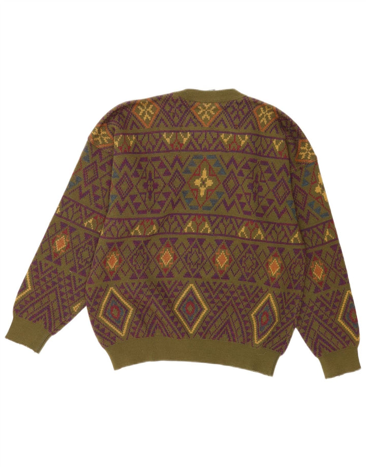 Navigare Mens Crew Neck Jumper Sweater Medium Khaki Geometric Wool