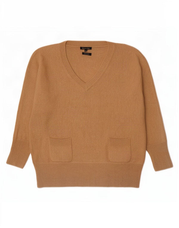Massimo Dutti Womens V-Neck Jumper Sweater UK 14 Medium Beige Wool