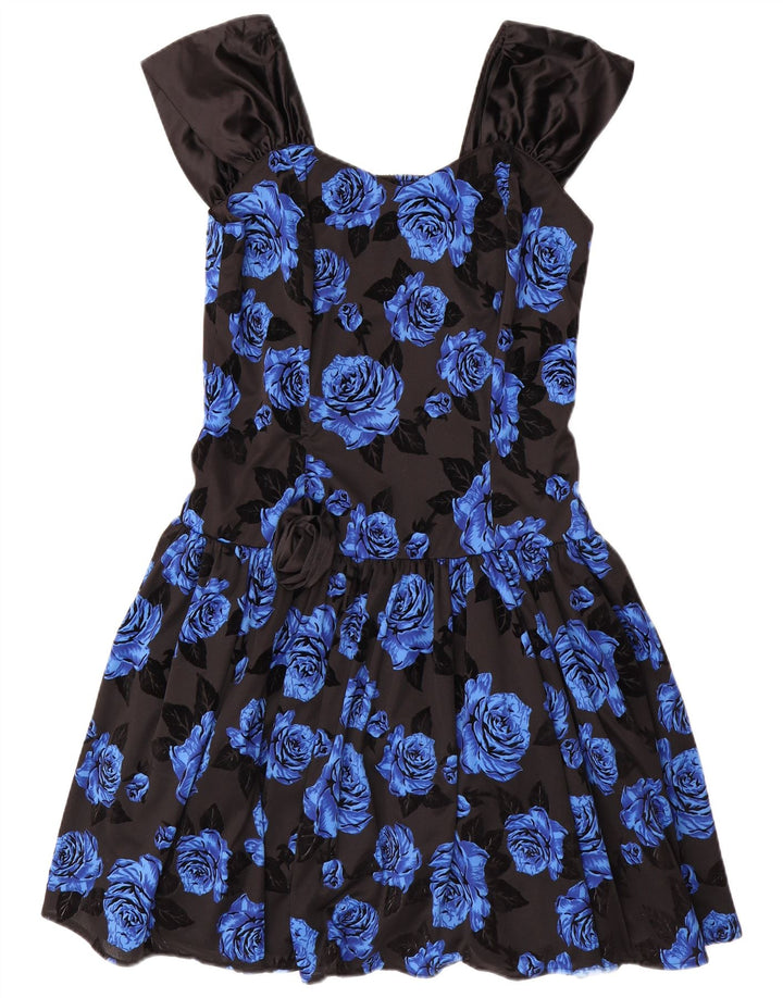 VINTAGE Womens Sleeveless A-Line Dress IT 42 Medium Blue Floral Polyester