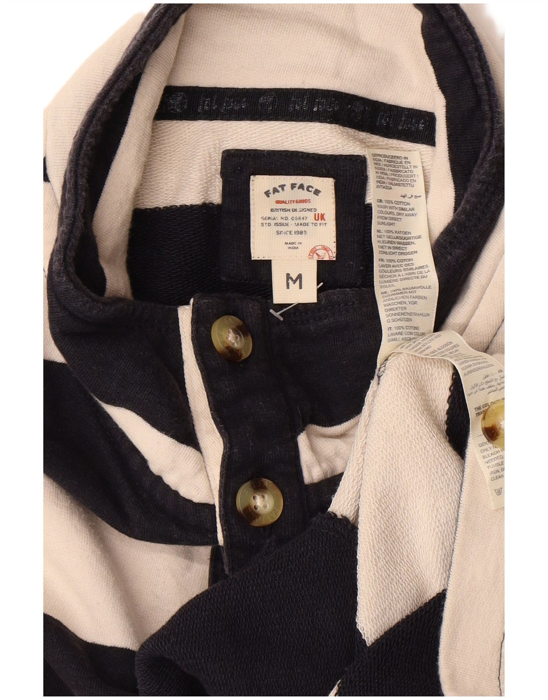 FAT FACE Mens Button Neck Sweatshirt Jumper Medium Navy Blue Striped