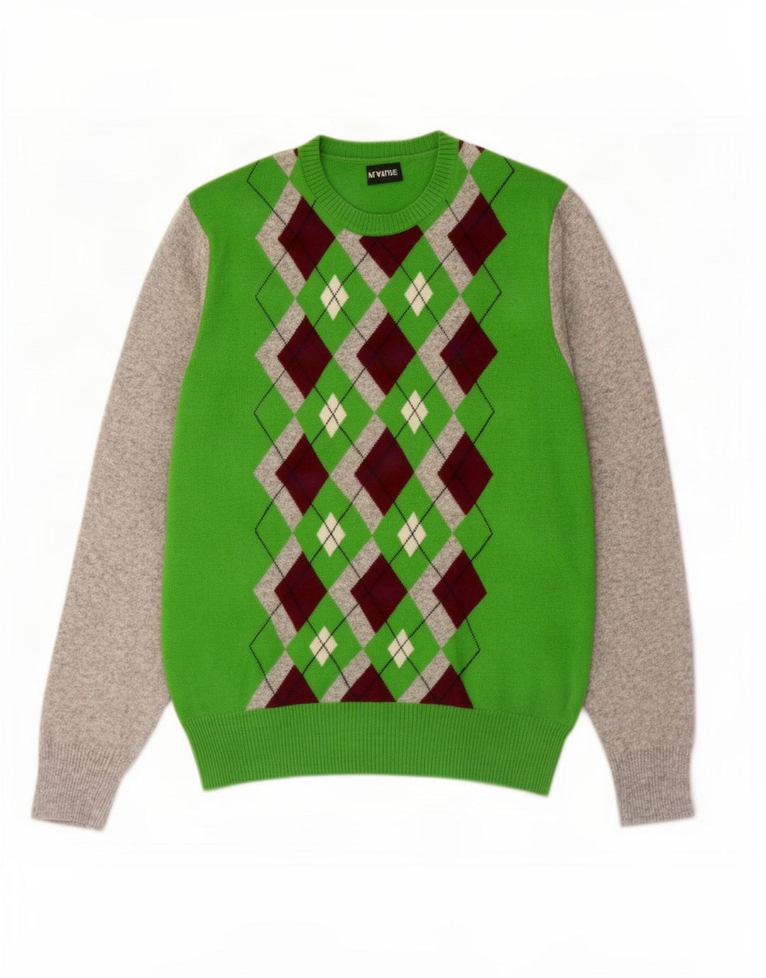 Playlife Mens Crew Neck Jumper Sweater XL Green Argyle/Diamond Wool