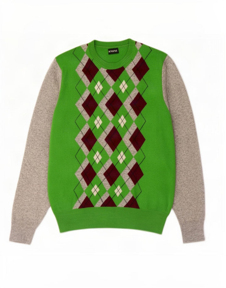 Playlife Mens Crew Neck Jumper Sweater XL Green Argyle/Diamond Wool