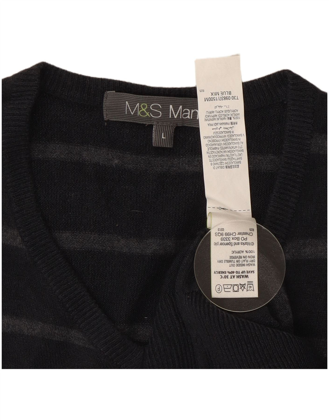 Marks & Spencer Mens V-Neck Jumper Sweater Large Navy Blue Striped Acrylic