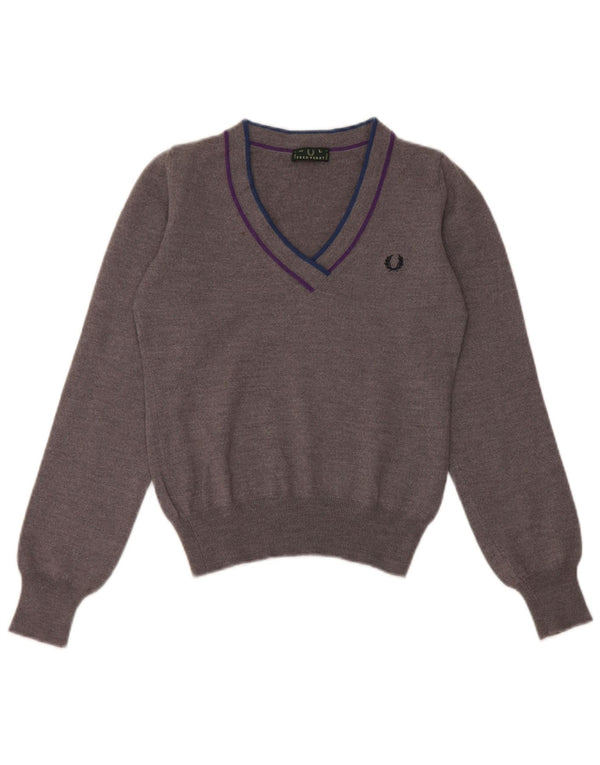 Fred Perry Girls Crop V-Neck Jumper Sweater 10-11 Years Large Grey
