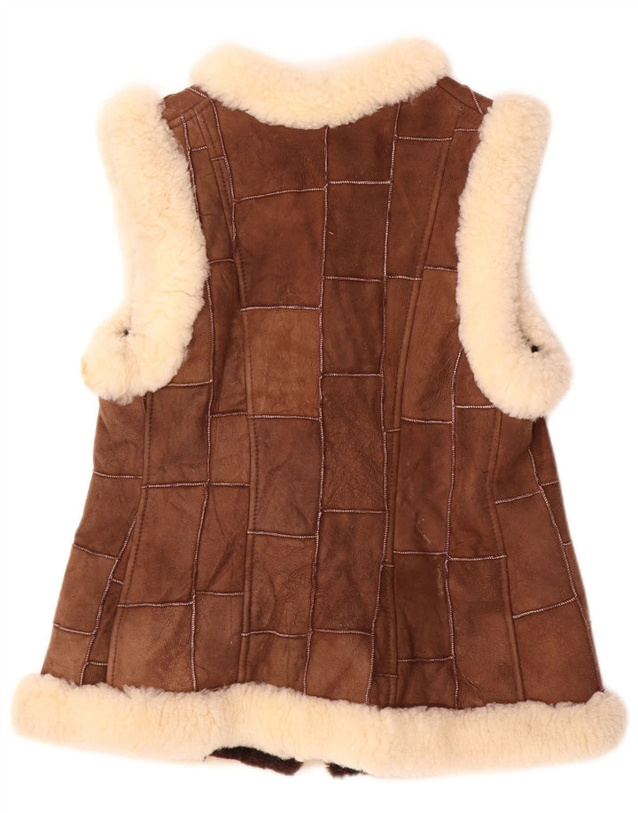 VINTAGE Womens Shearling Gilet EU 36 Small Brown Patchwork Leather