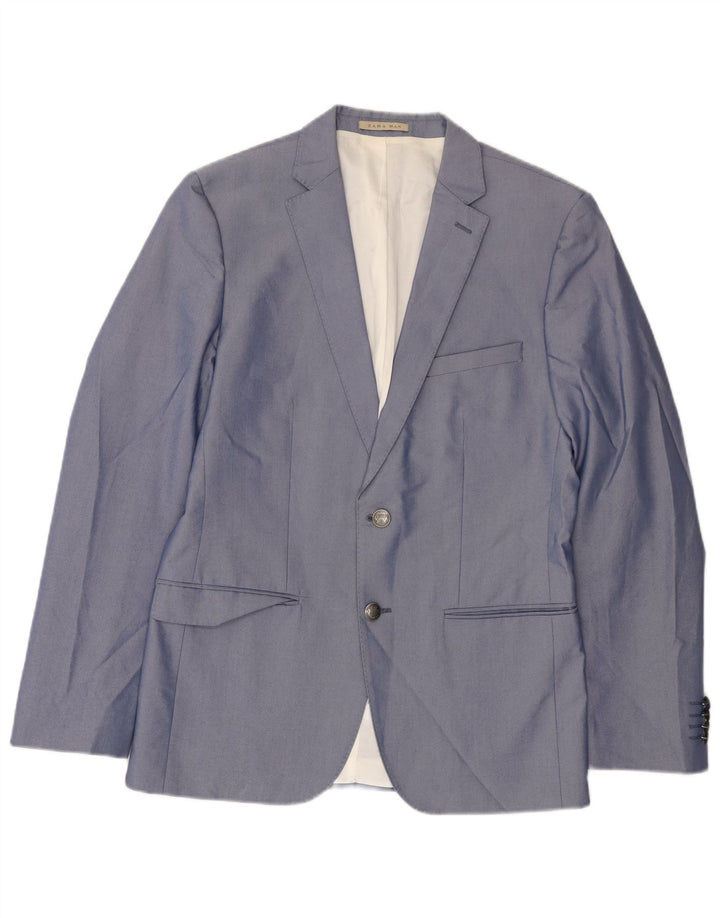 Zara Mens 2 Button Blazer Jacket UK 36 Small Blue Cotton