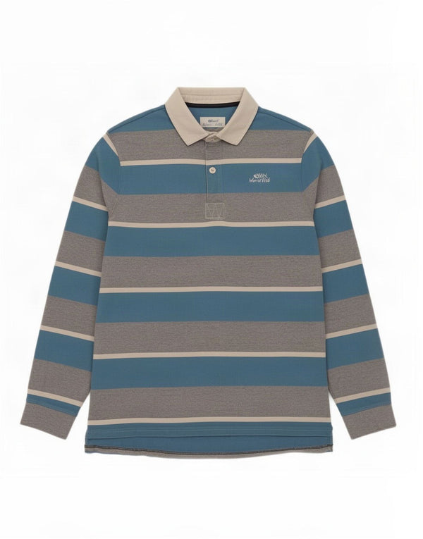 Weird Fish Mens Long Sleeve Rugby Polo Shirt Large Blue Striped Cotton
