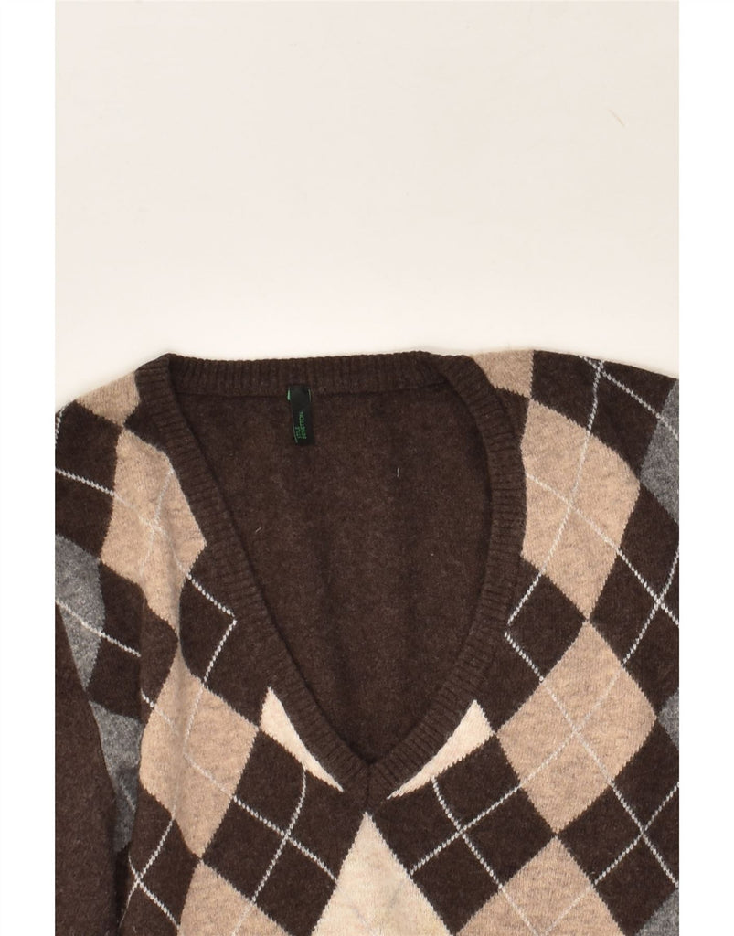 BENETTON Womens V-Neck Jumper Sweater UK 12 Medium Brown Argyle/Diamond | Vintage Benetton | Thrift | Second-Hand Benetton | Used Clothing | Messina Hembry 