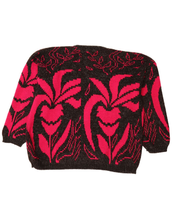 VINTAGE Womens Boat Neck Jumper Sweater UK 20 2XL Black Floral Acrylic