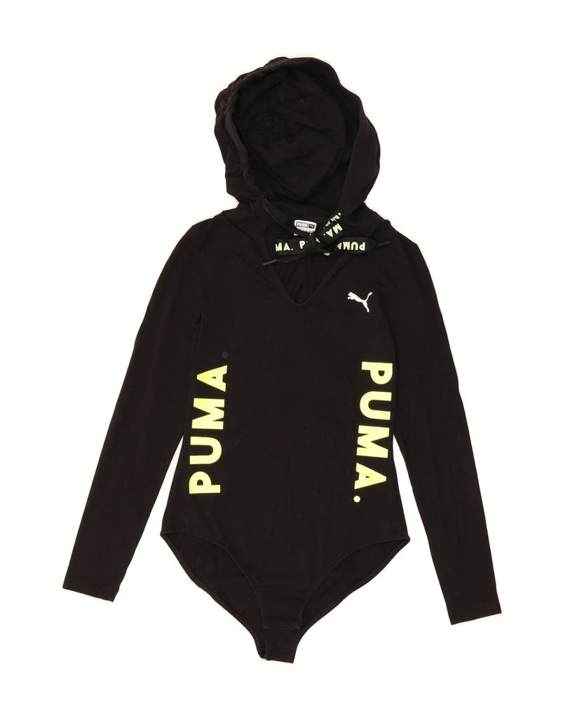 PUMA Womens Graphic Hooded Bodysuit UK 12 Medium  Black Cotton Vintage Puma and Second-Hand Puma from Messina Hembry 