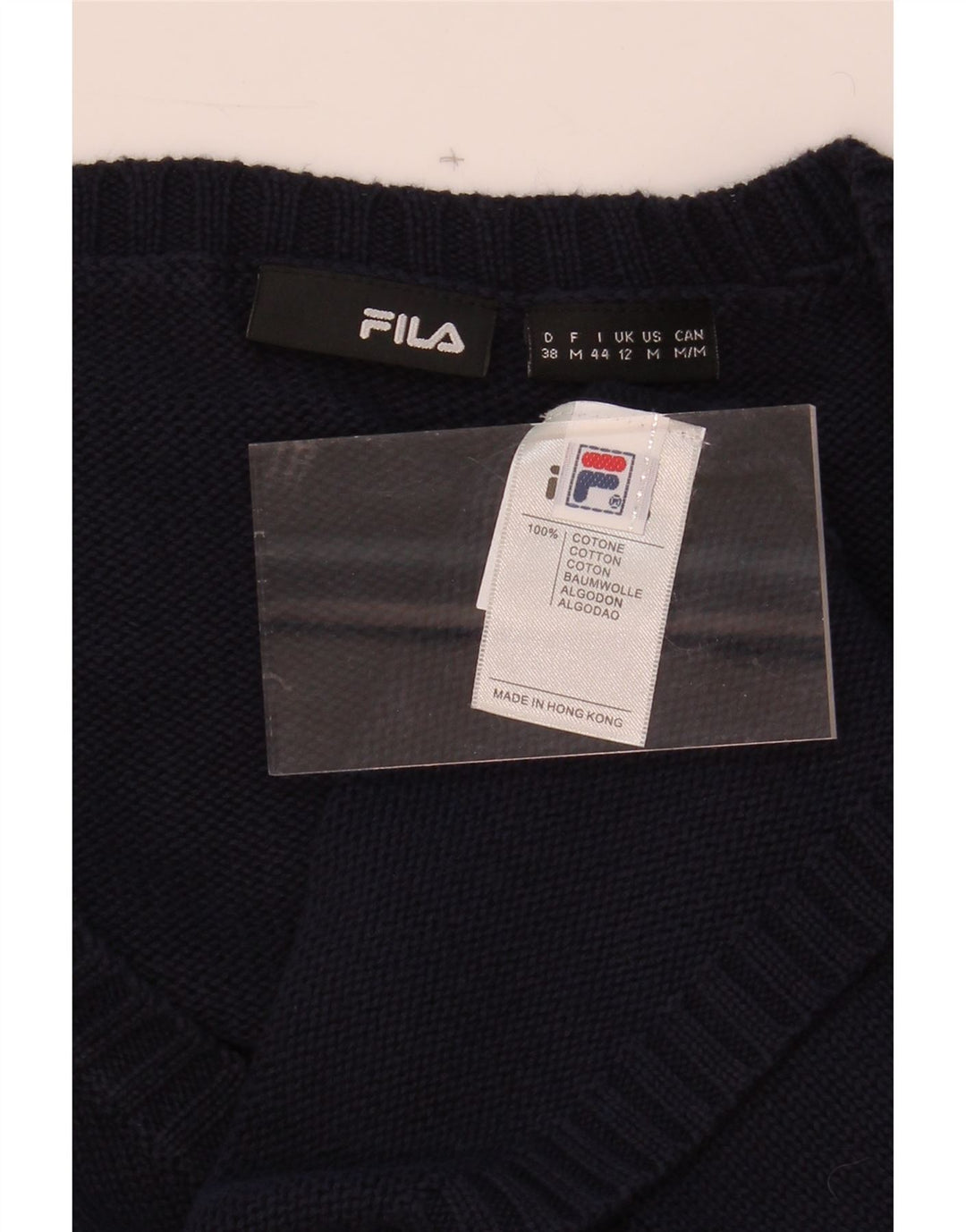 FILA Womens V-Neck Jumper Sweater UK 12 Medium  Navy Blue Cotton Vintage Fila and Second-Hand Fila from Messina Hembry 
