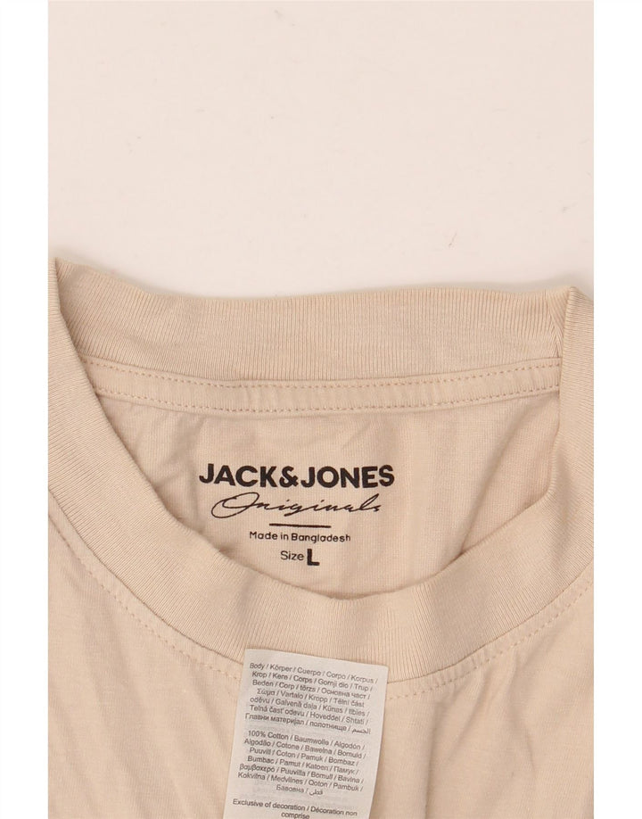 JACK & JONES Mens Graphic T-Shirt Top Large Beige Cotton