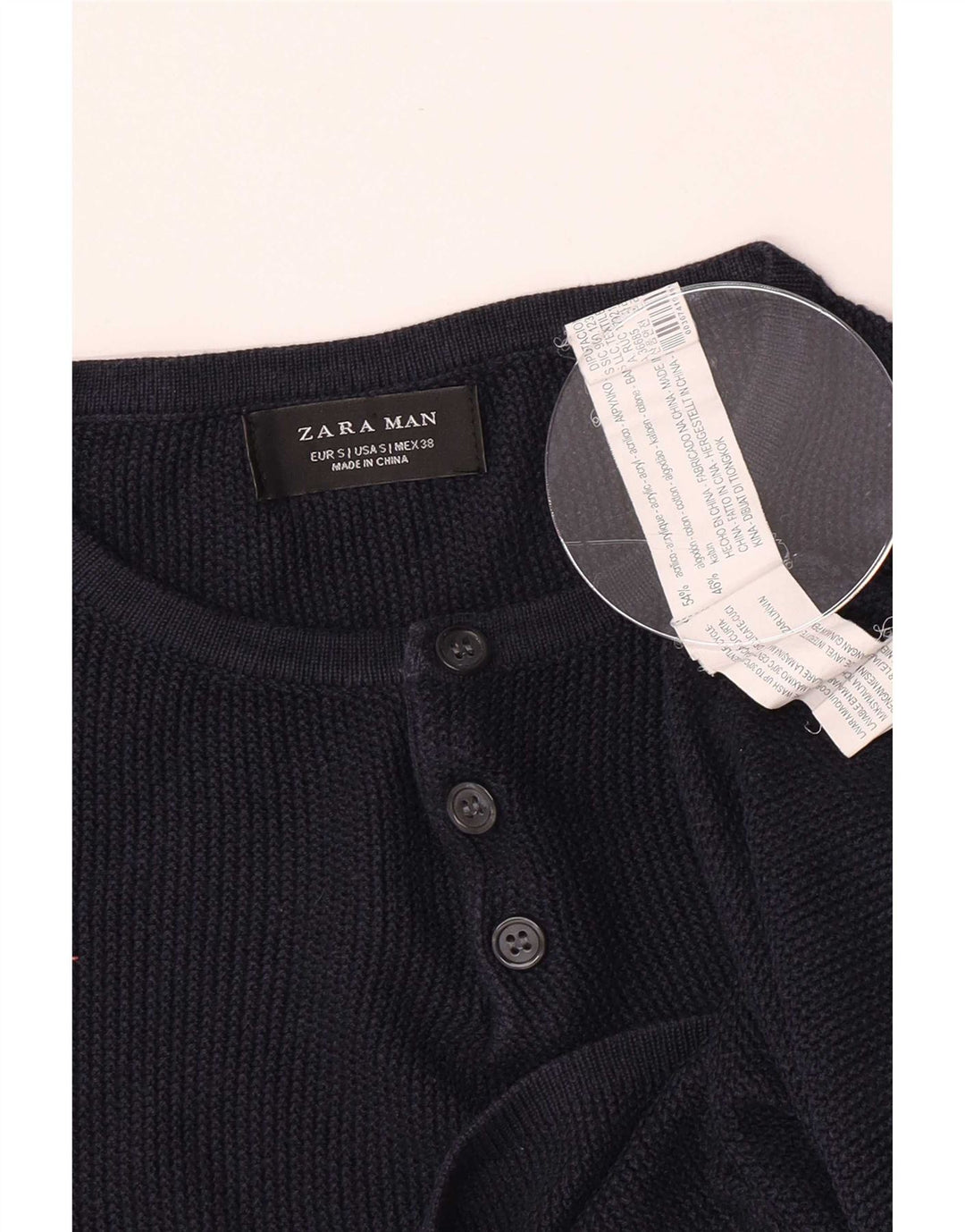 Zara Mens Button Neck Jumper Sweater Small Navy Blue Acrylic