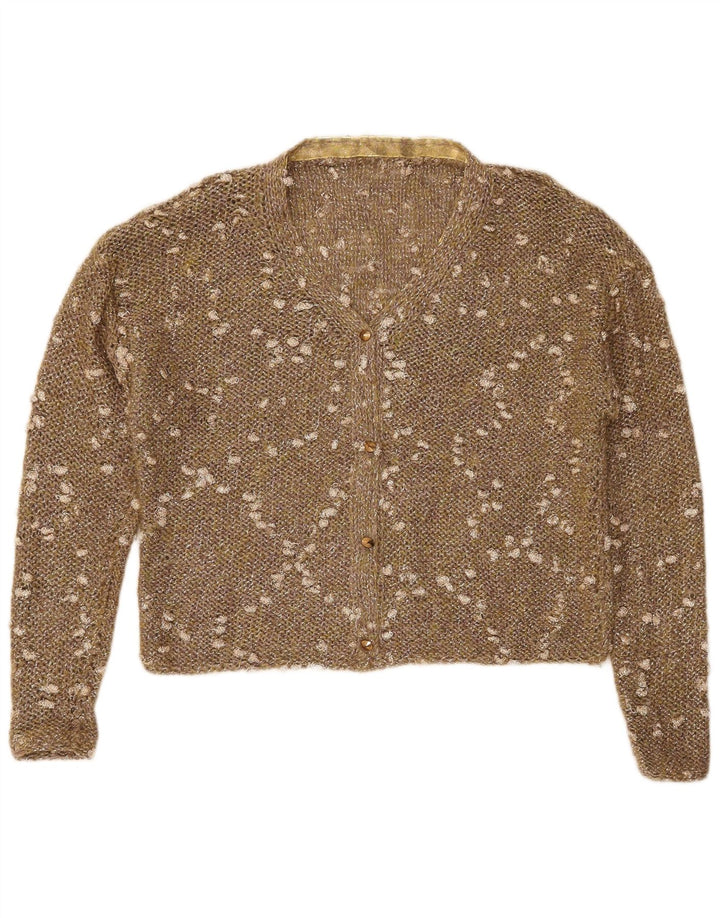VINTAGE Womens Crop Crochet Cardigan Sweater UK 16 Large Brown Flecked