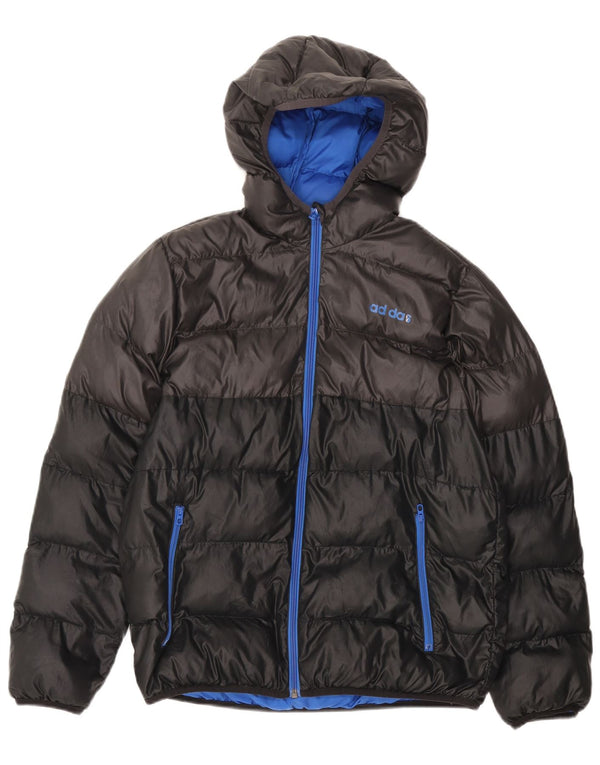 ADIDAS Boys Hooded Padded Jacket 13-14 Years Black Colourblock Polyester