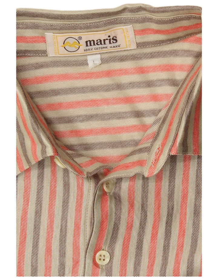 Vintage Mens Short Sleeve Pullover Shirt Large Beige Striped Cotton