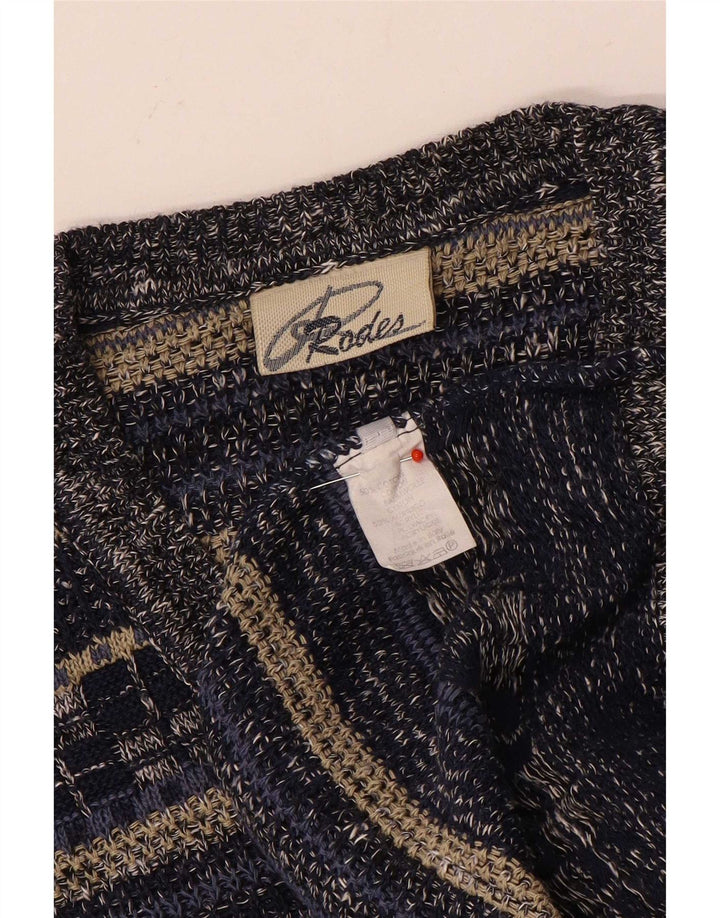 Rodes Mens V-Neck Jumper Sweater Medium Navy Blue Striped Cotton