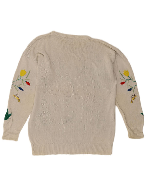 Vintage Womens Graphic Boat Neck Jumper Sweater UK 14 Large White Floral