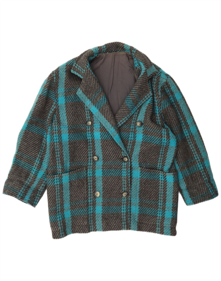 Vintage Womens Double Breasted Coat UK 12 Medium Turquoise Plaid Wool