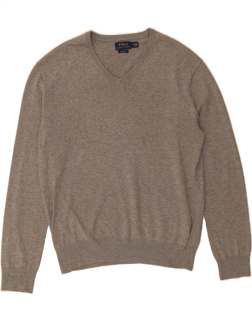 POLO RALPH LAUREN Mens V-Neck Jumper Sweater Medium Grey Cotton Vintage Polo Ralph Lauren and Second-Hand Polo Ralph Lauren from Messina Hembry 