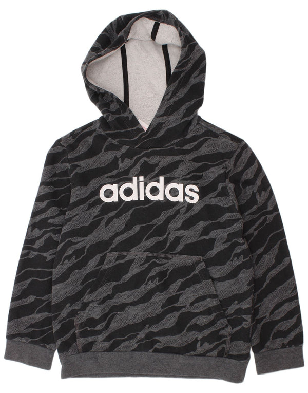 ADIDAS Boys Graphic Hoodie Jumper 7-8 Years Grey Animal Print Cotton