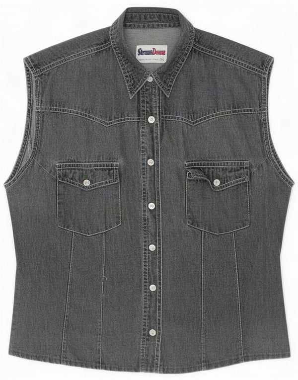 Vintage Womens Sleeveless Denim Shirt UK 14 Large Grey