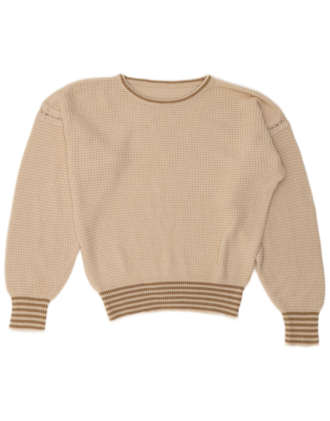 VINTAGE Womens Crop Crew Neck Jumper Sweater UK 16 Large Off White Striped