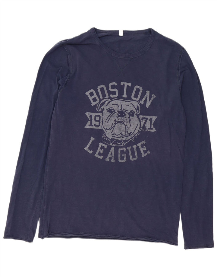 Benetton Mens Graphic Top Long Sleeve Medium Navy Blue Cotton