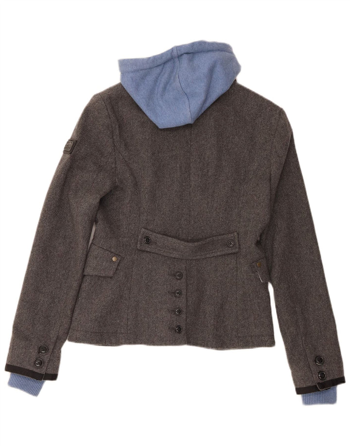 Superdry Womens Hooded 2 Button Blazer Jacket UK 10 Small Grey Wool