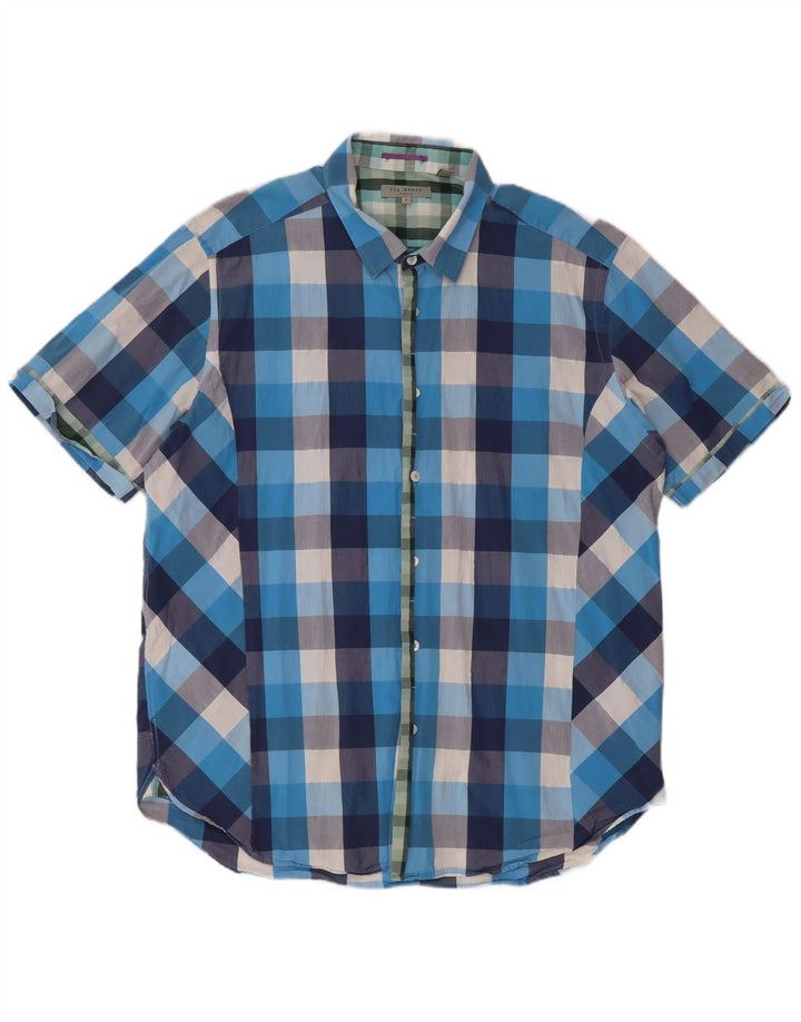 Ted Baker Mens Short Sleeve Shirt Size 6 2XL Blue Check Cotton