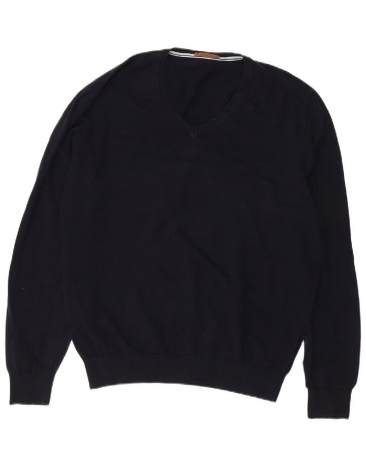 Massimo Dutti Mens V-Neck Jumper Sweater XL Navy Blue Cotton