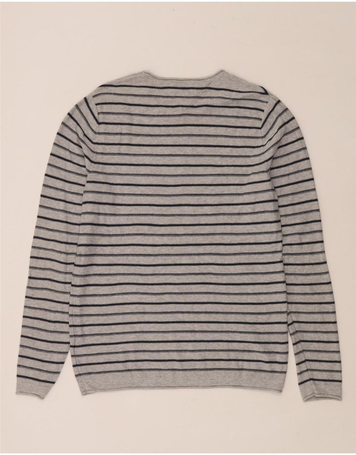 TOMMY HILFIGER Mens Crew Neck Jumper Sweater Medium Grey Striped Cotton