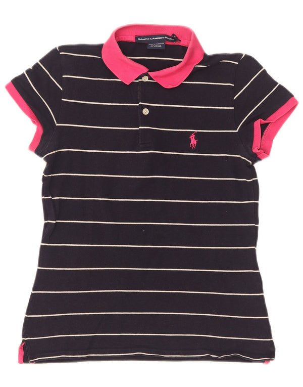 Ralph Lauren Womens Polo Shirt UK 10 Small Navy Blue Striped Cotton