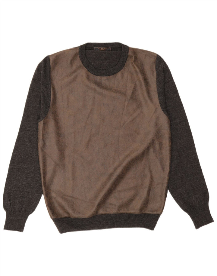 ZARA Mens Crew Neck Jumper Sweater Large Grey Colourblock Acrylic