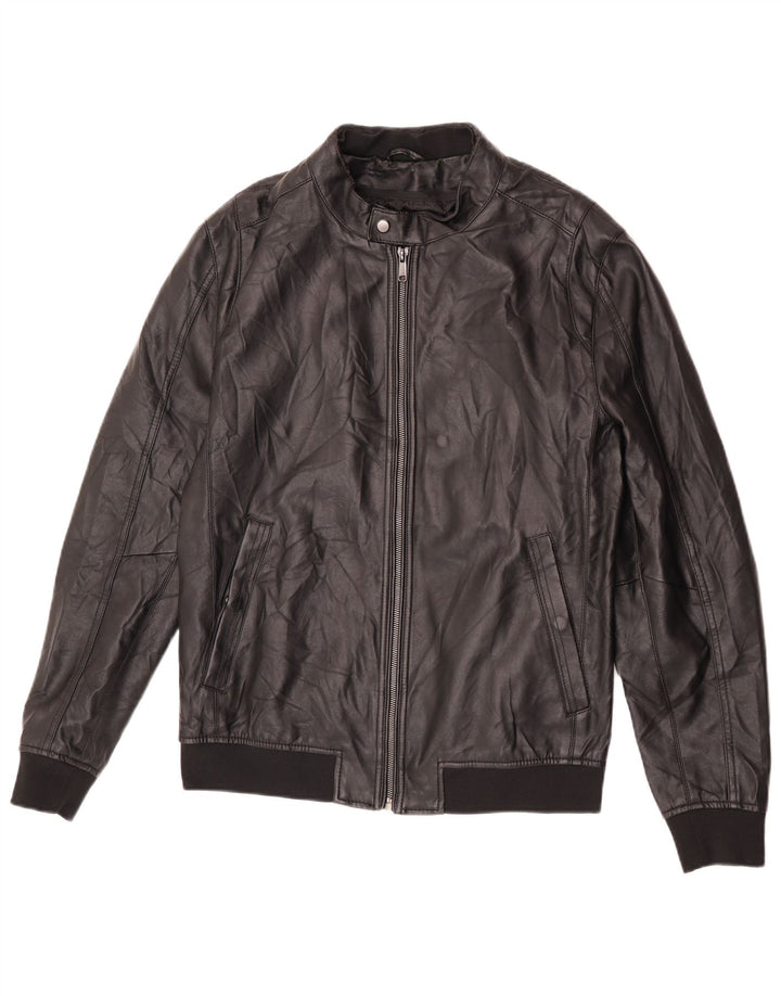 Zara Mens Faux Leather Bomber Jacket UK 40 Large Black Polyester