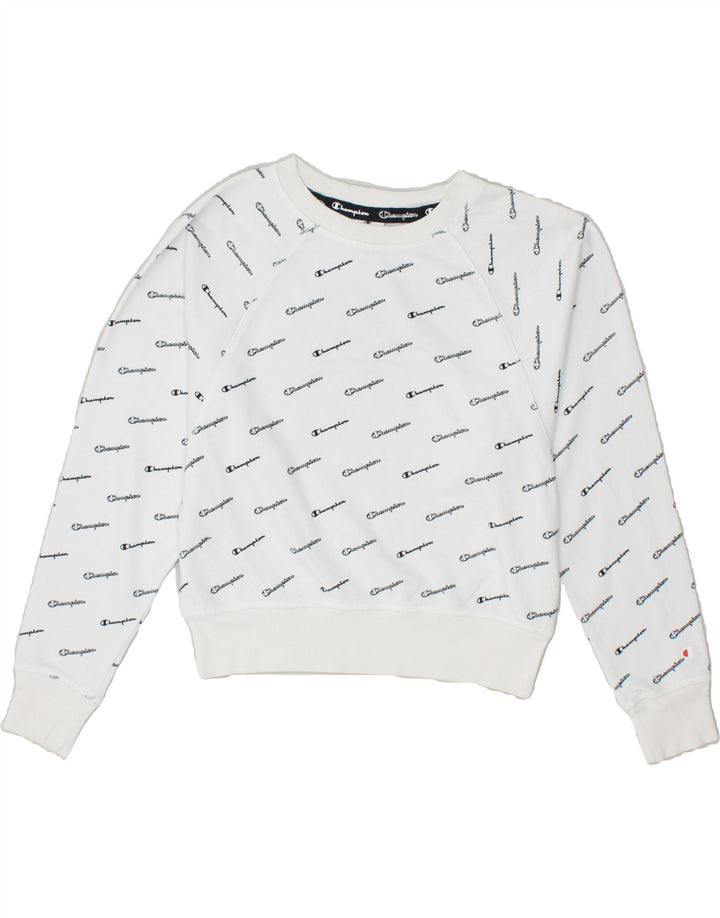 CHAMPION Womens Oversized Crop Graphic Sweatshirt Jumper UK 6 XS White | Vintage Champion | Thrift | Second-Hand Champion | Used Clothing | Messina Hembry 