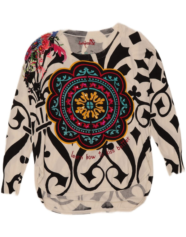 Desigual Womens Graphic Boat Neck Jumper Sweater UK 14 Medium White Floral