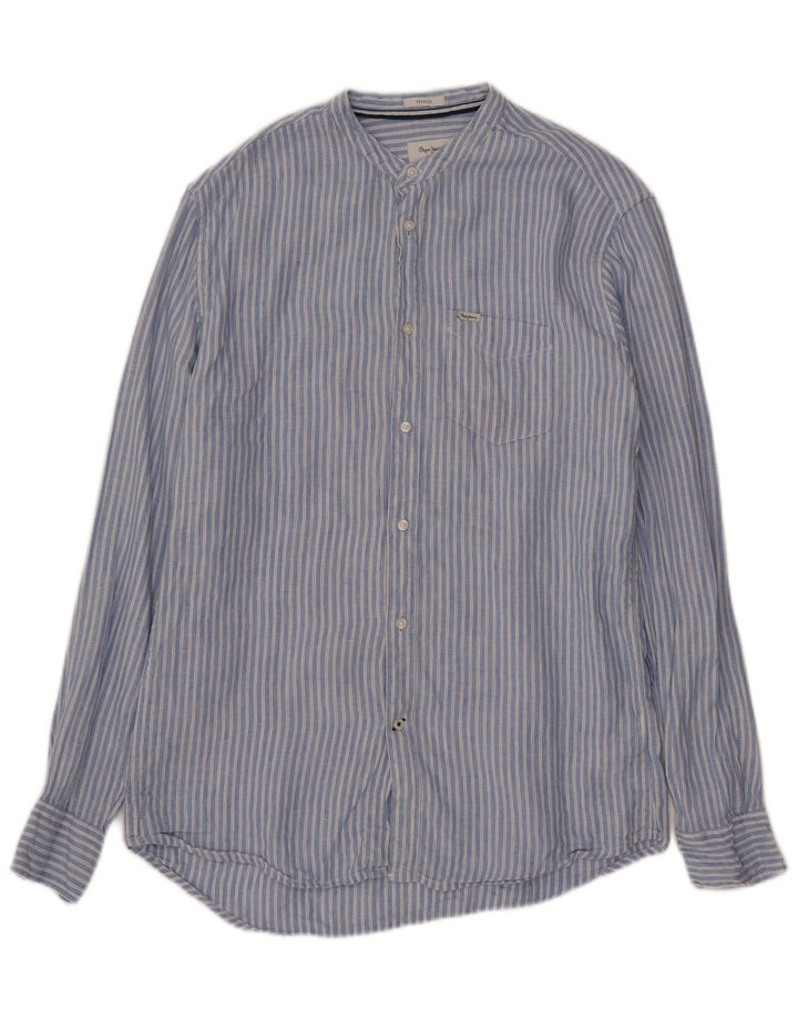 PEPE Jeans Womens Regular Shirt UK 10 Small Blue Striped Linen