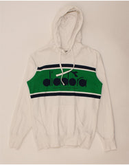 DIADORA Mens Graphic Hoodie Jumper Small White Colourblock Cotton