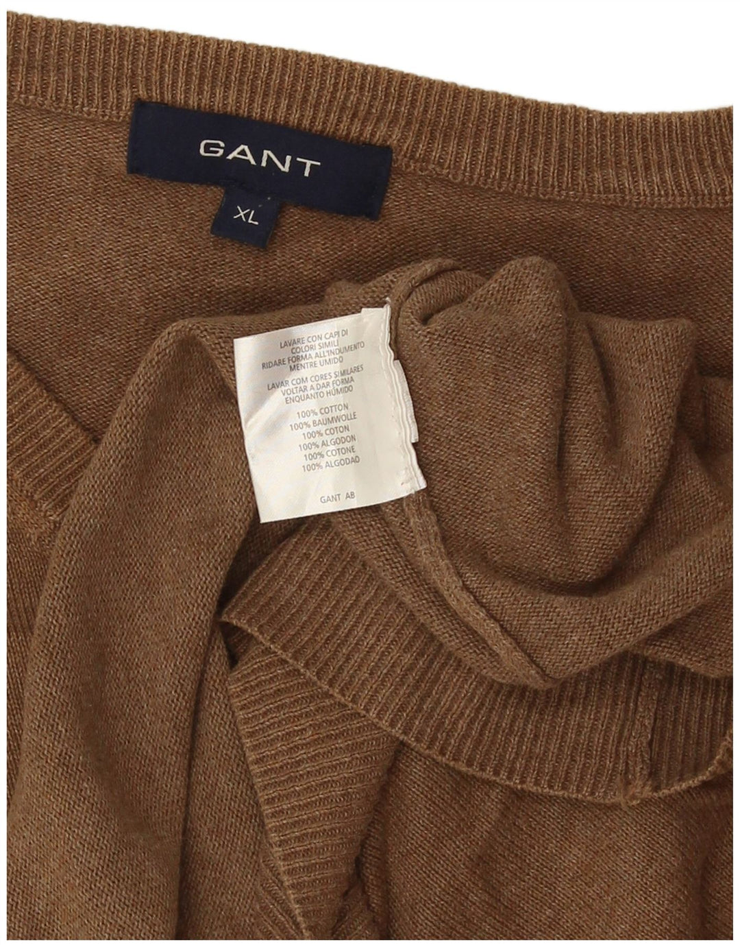 Gant Mens V-Neck Jumper Sweater XL Brown Cotton