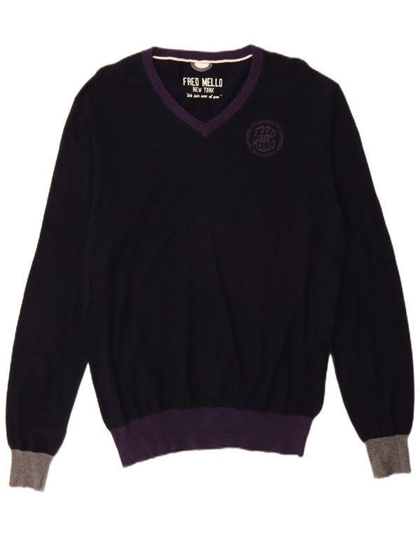 Fred Mello Mens V-Neck Jumper Sweater Large Navy Blue Colourblock Cotton