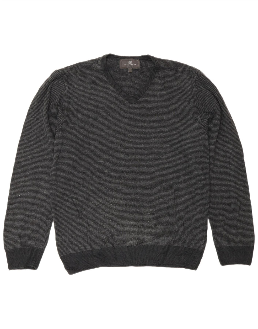 Marks & Spencer Mens V-Neck Jumper Sweater Large Grey Striped Classic