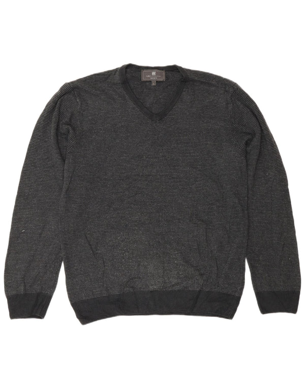 Marks & Spencer Mens V-Neck Jumper Sweater Large Grey Striped Classic